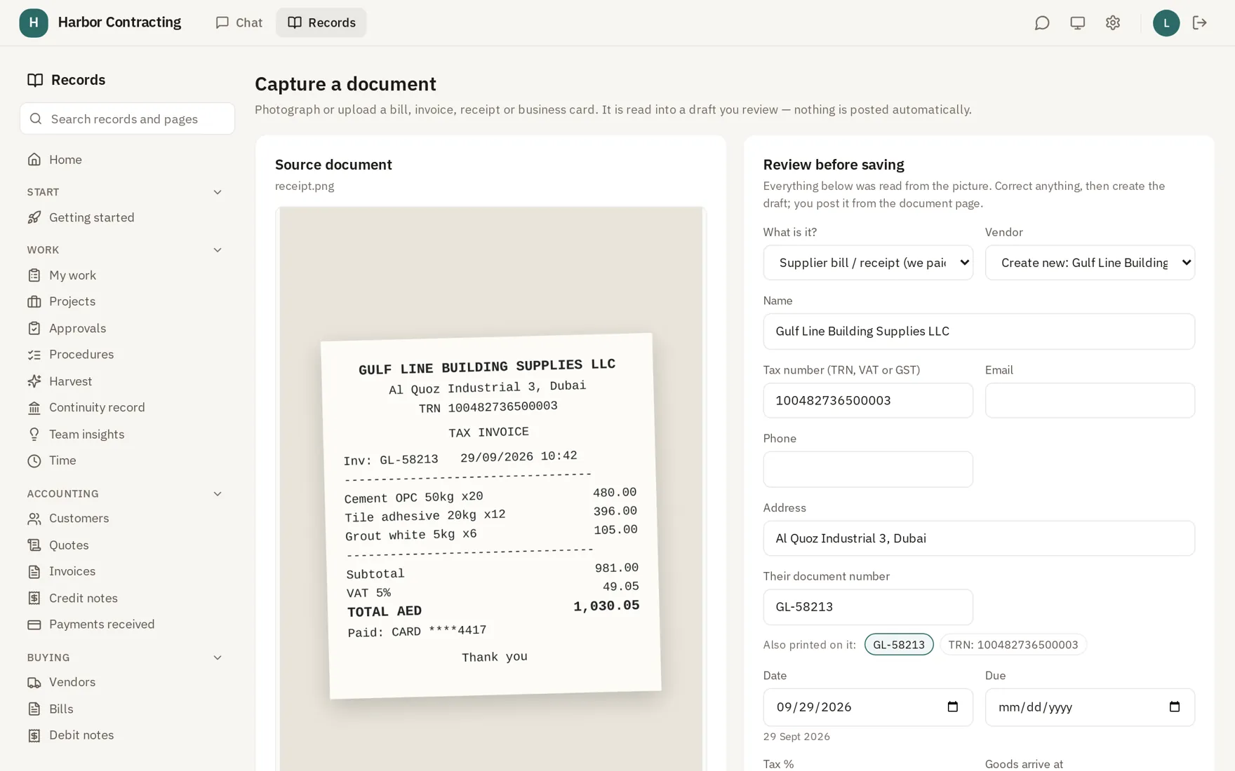Capture: the receipt read, with supplier, amounts and VAT ready to confirm