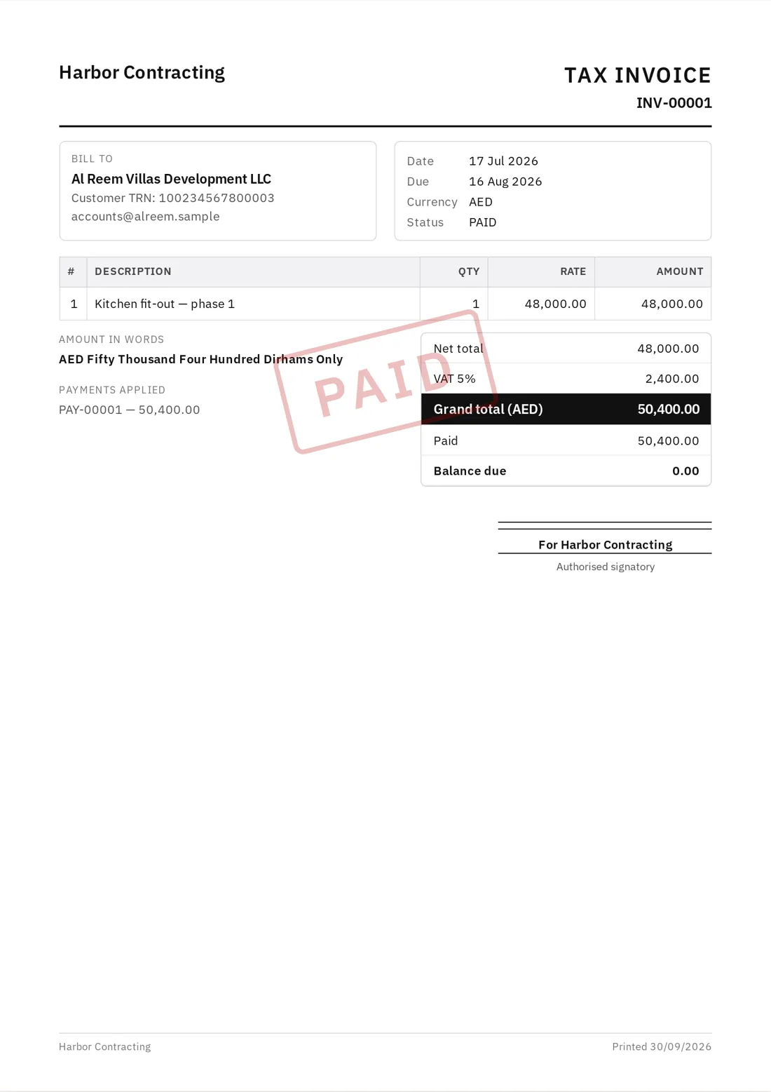 A paid tax invoice with VAT