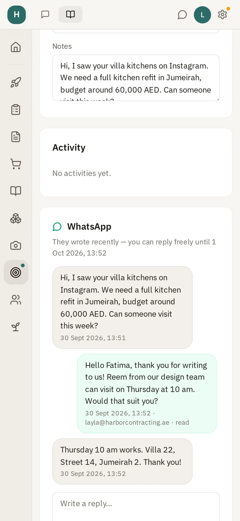 A lead from WhatsApp with the conversation on it