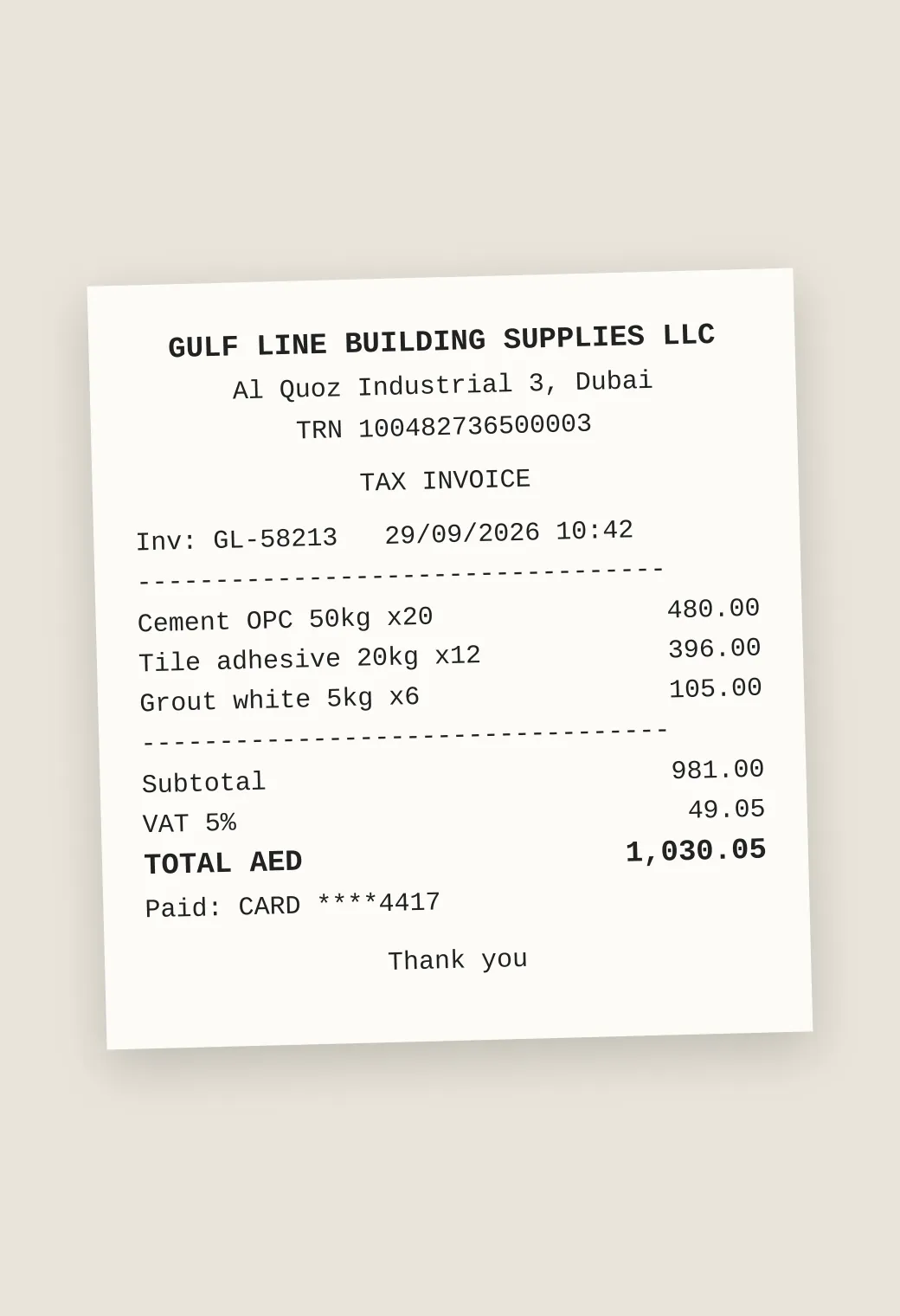 A photographed supplier receipt